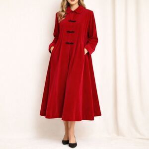 Vintage 1950s Red Velvet Long Evening Swing Coat Size Medium Rockabilly Festive
